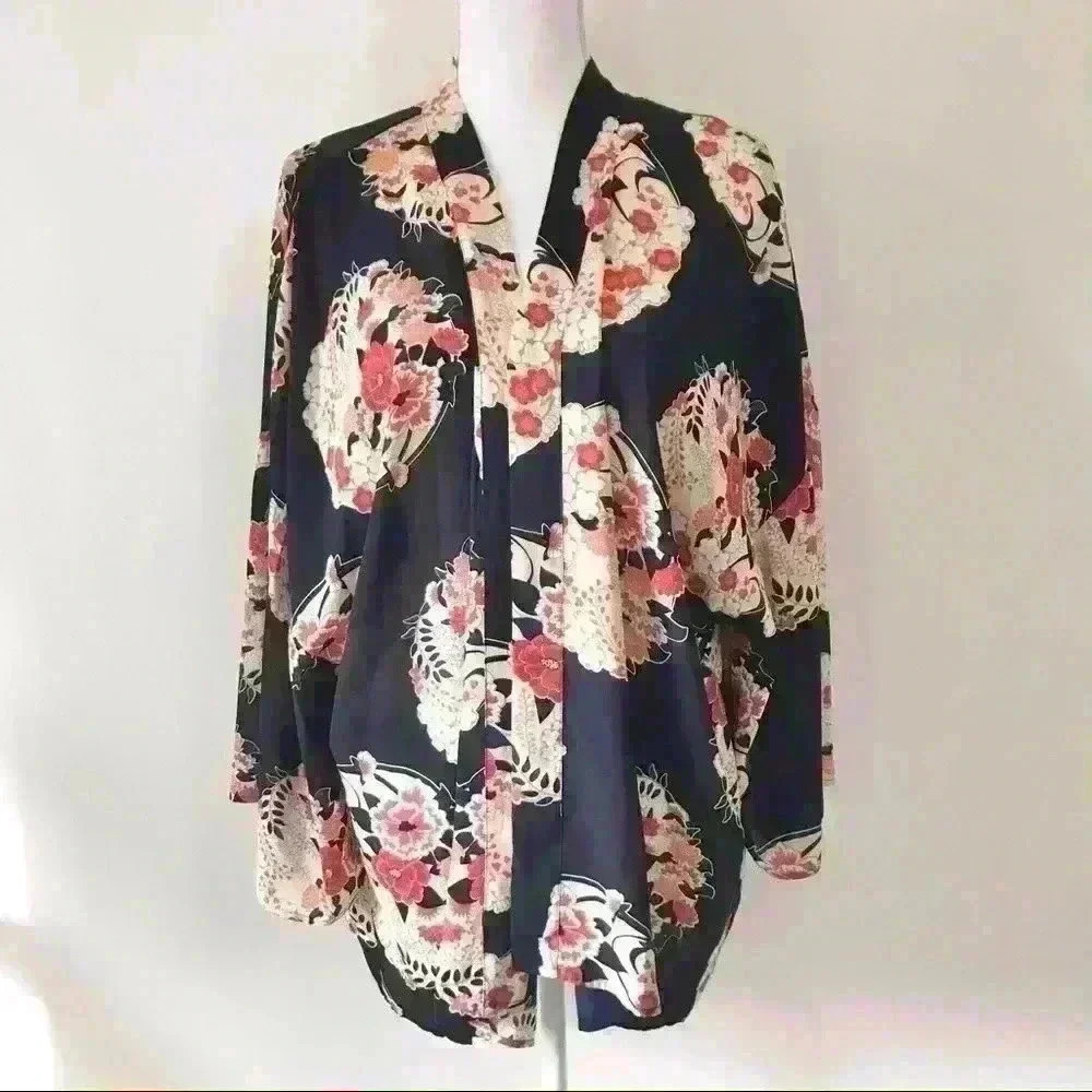 Laurie Felt Los Angeles Navy Open Front Printed Kimono